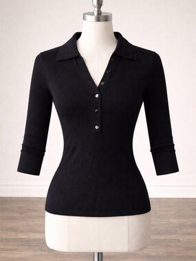 White House Black Market Black Knit Fitted Top 3/4 Sleeve Collared Button